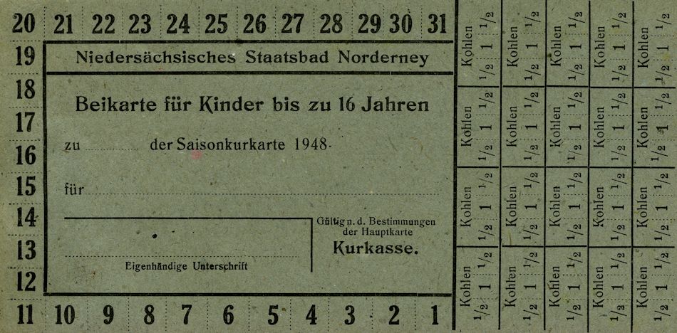 Beikarte der Saisonkurkarte 1948 für Kinder bis zu 16 Jahren