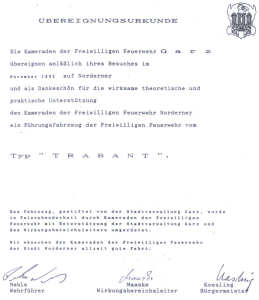 Ein Geschenk der Patenwehr Garz/Rügen - 21.11.1992