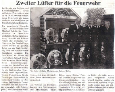Ostfriesische Brandkasse stiftet Hochdrucklüfter - 06.02.2002