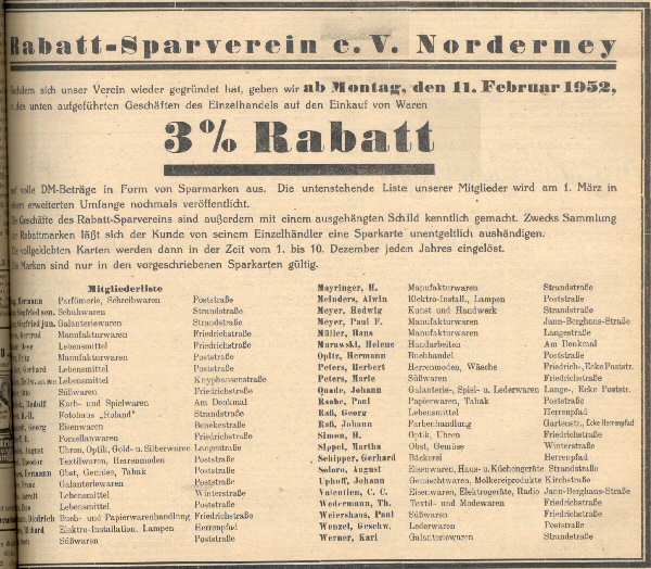 Rabattsparverein e.V. Norderney - Anzeige vom 9.2.1952