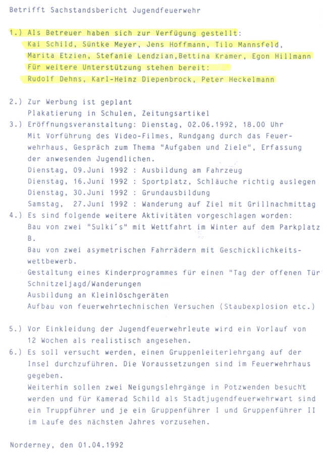 Sachstandbericht Jugendfeuerwehr - 01.04.1992